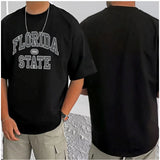 Black cotton blend men's casual t-shirt with printed round neck and half sleeves