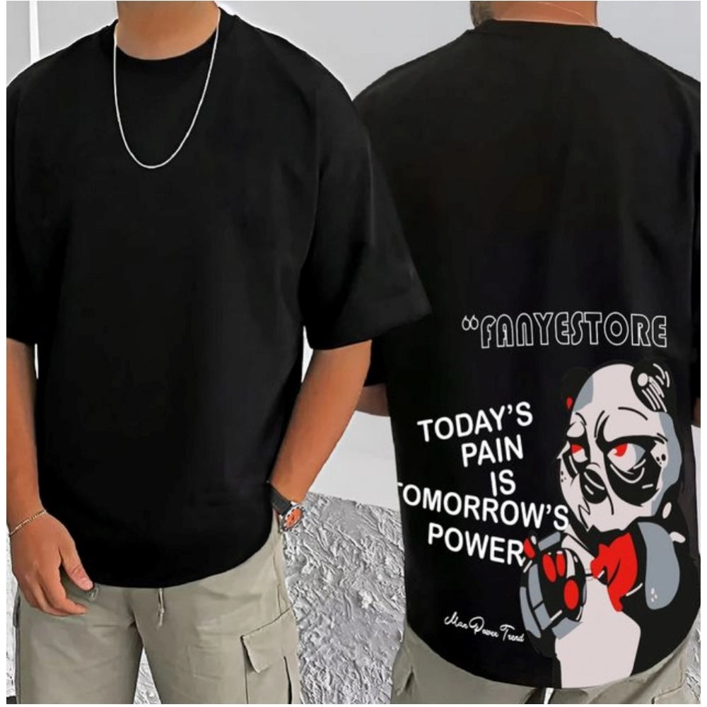 Black cotton blend men's casual printed round neck t-shirt with half sleeves, featuring vibrant artwork on front