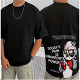 Black cotton blend men's casual printed round neck t-shirt with half sleeves, featuring vibrant artwork on front