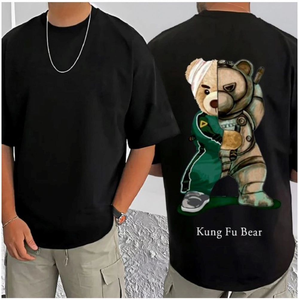Black cotton blend men's printed round neck t-shirt with half sleeves