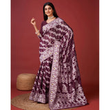 Purple cotton silk printed saree with unstitched blouse (5.5mtr), vibrant Indian fashion accessory on mannequin
