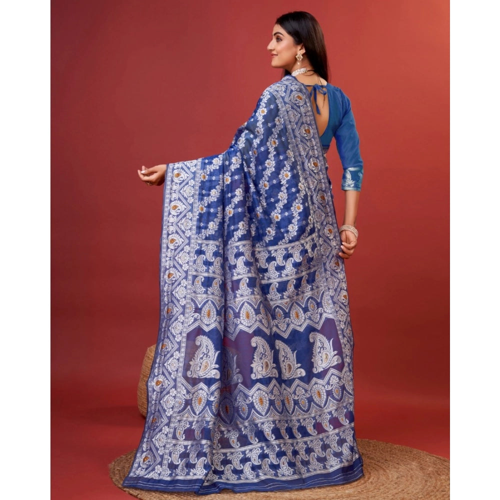 Blue cotton silk printed saree with unstitched blouse (5.5mtr)