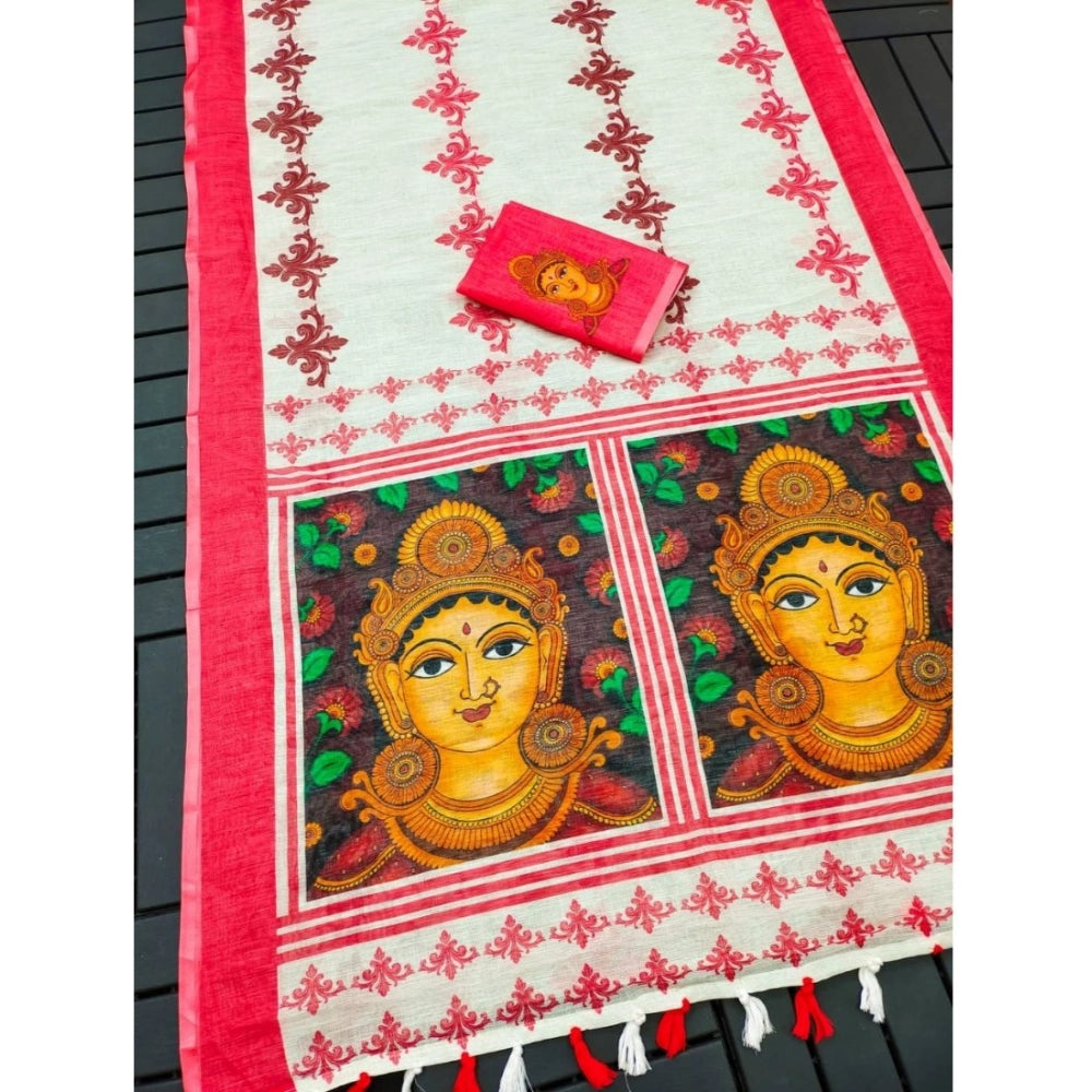 White linen digital print saree with unstitched blouse (5.5Mtr) on mannequin