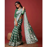 Green cotton silk printed saree with unstitched blouse, 5.5mtr for women's traditional Indian attire