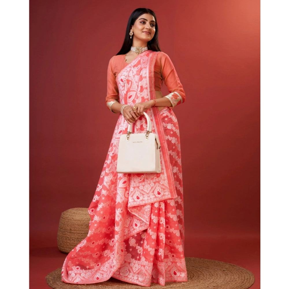 Women's peach cotton silk printed saree with unstitched blouse (5.5Mtr), intricate design on traditional Indian attire