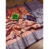 Orange Banarasi jacquard printed saree with unstitched blouse, vibrant design on display