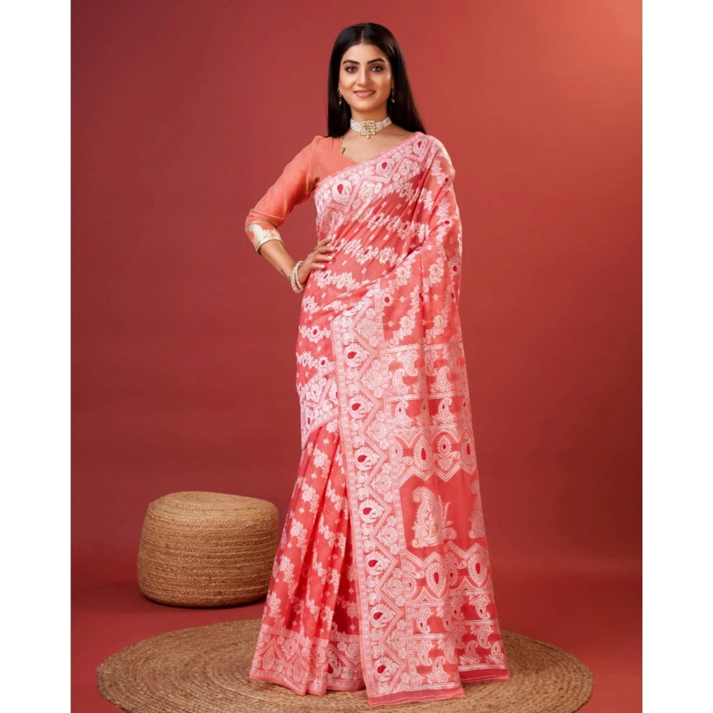 Cotton silk printed peach saree with unstitched blouse (5.5mtr) - elegant women's traditional wear on mannequin