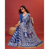 Blue cotton silk printed saree with unstitched blouse (5.5Mtr), women's fashion, traditional Indian wear