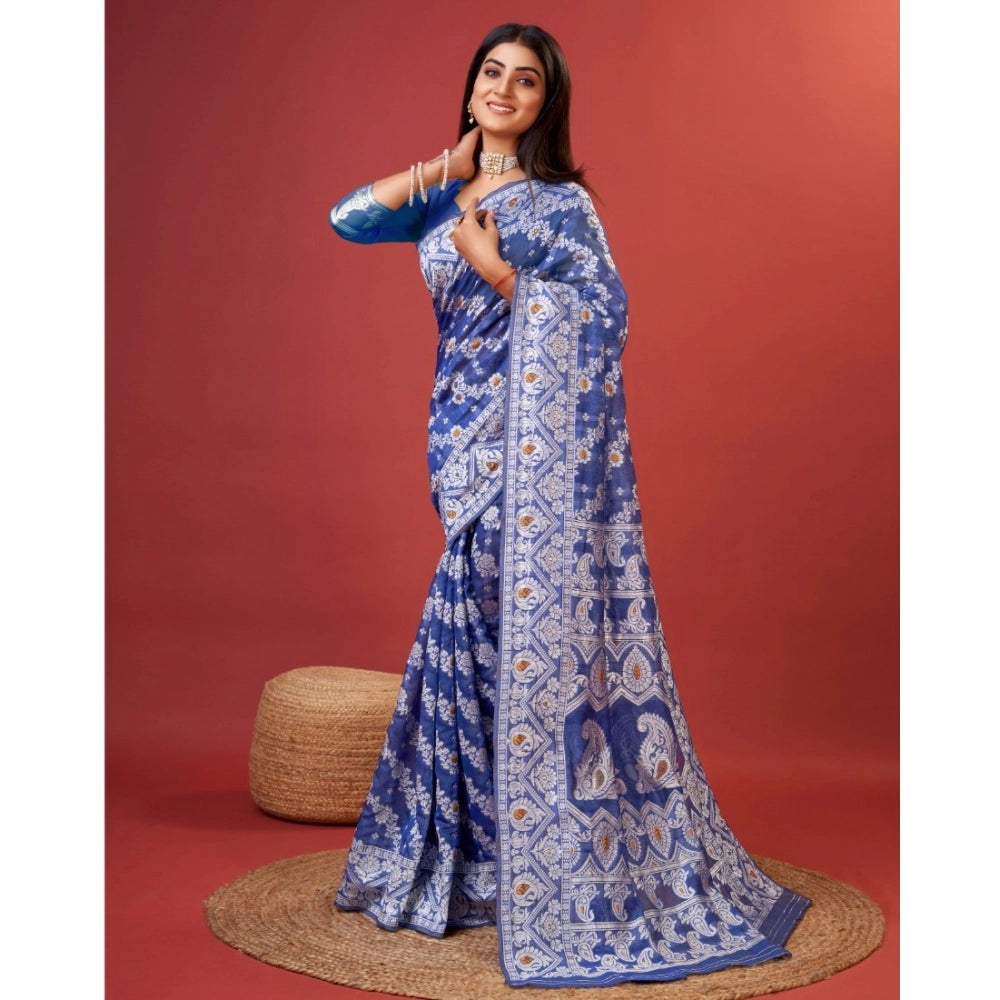 Blue cotton silk printed saree with unstitched blouse (5.5mtr)