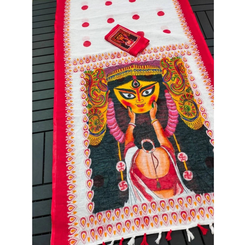 White linen digital print saree with unstitched blouse (5.5Mtr) on mannequin