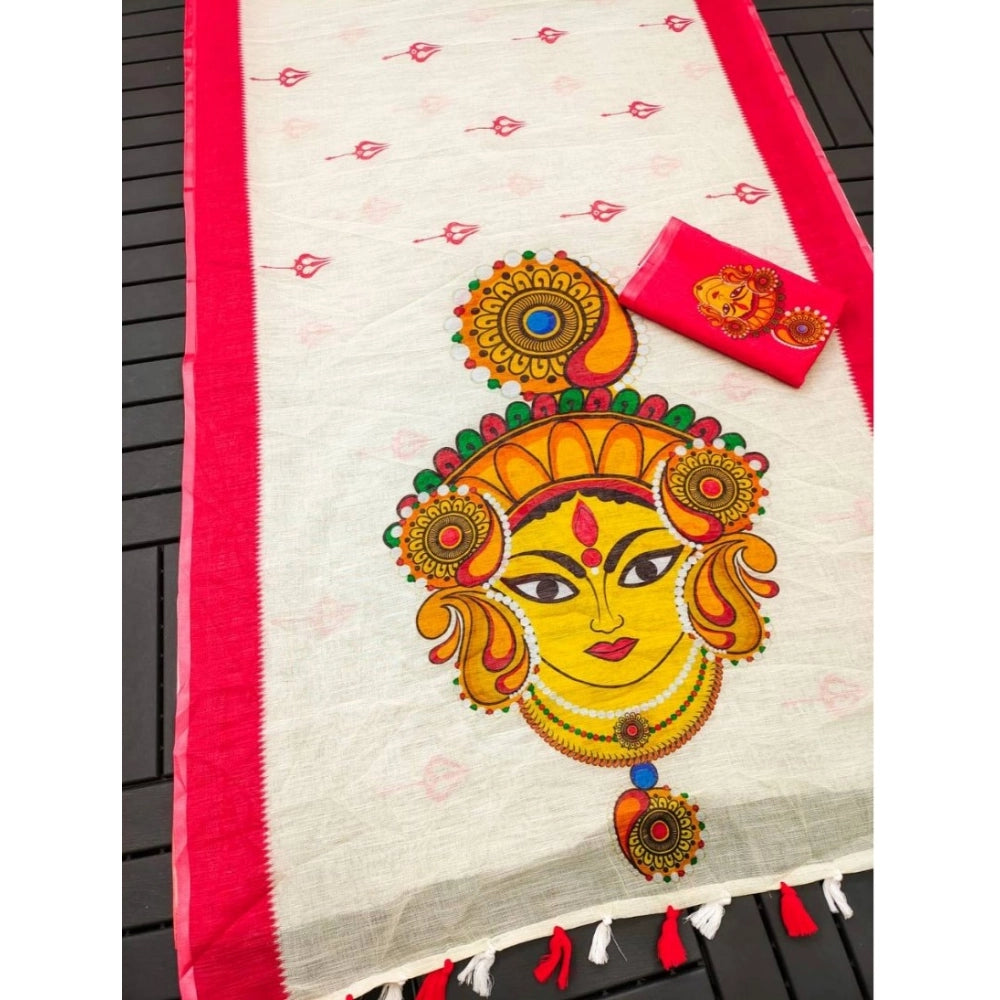 White linen digital print saree with unstitched blouse, 5.5Mtr on display stand