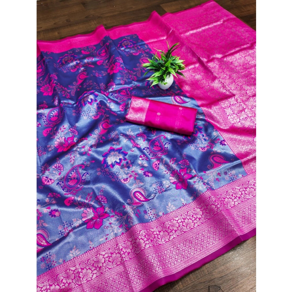 Navy blue Banarasi jacquard printed saree with unstitched blouse, vibrant design on a 5.5mtr length