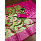 Mehendi Green Banarasi Jacquard printed saree with unstitched blouse, 5.5Mtr length on display model