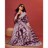Purple cotton silk printed saree with unstitched blouse, vibrant Indian fashion piece