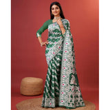 Green cotton silk printed saree with unstitched blouse (5.5mtr), traditional Indian women's fashion wear on mannequin