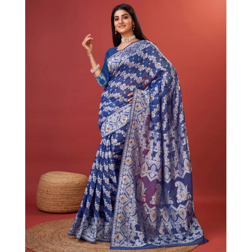 Blue cotton silk printed saree with unstitched blouse, vibrant design for Indian women's traditional wear