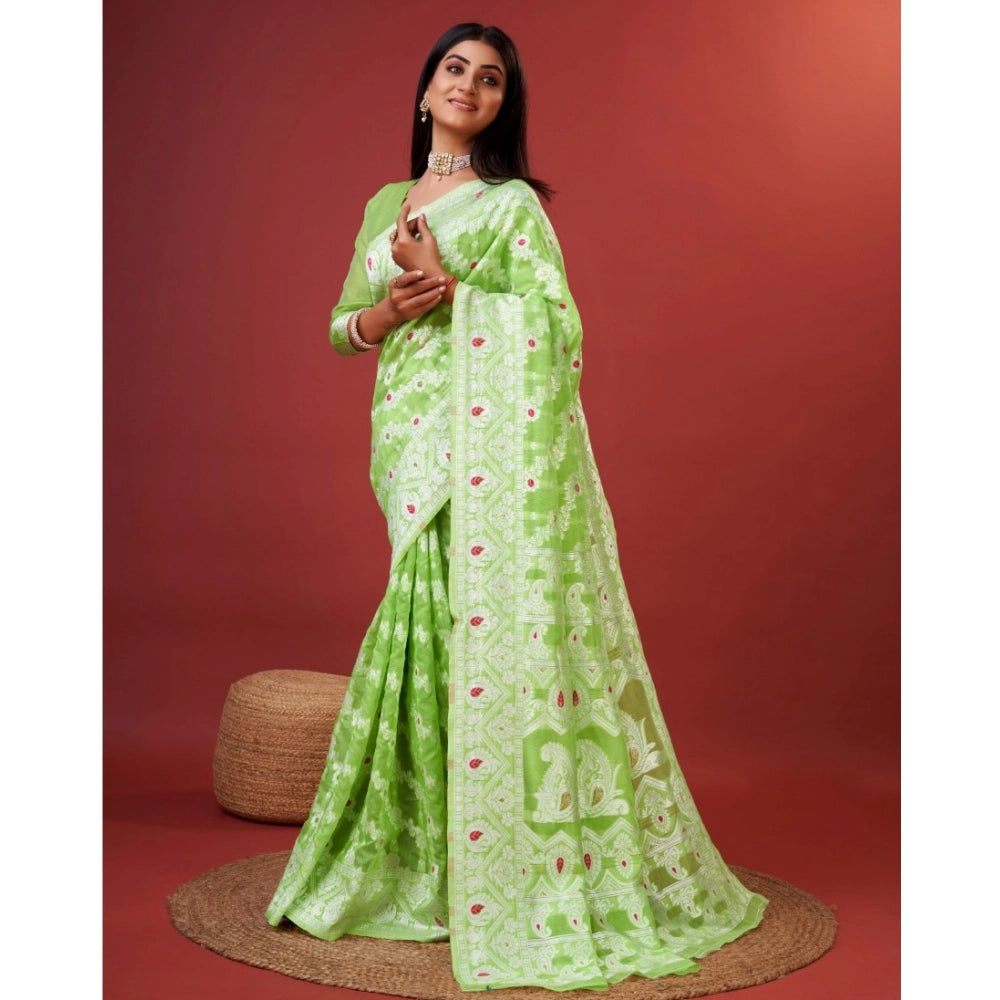 Light Green cotton silk printed saree with unstitched blouse, intricate design on display