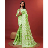 Light Green cotton silk printed saree with unstitched blouse, intricate design on display