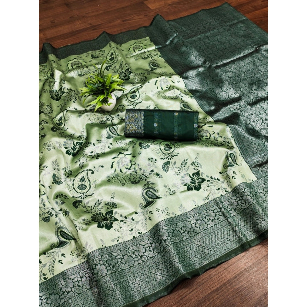 Green Banarasi Jacquard printed saree with unstitched blouse, vibrant traditional Indian fashion