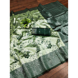 Green Banarasi Jacquard printed saree with unstitched blouse, vibrant traditional Indian fashion