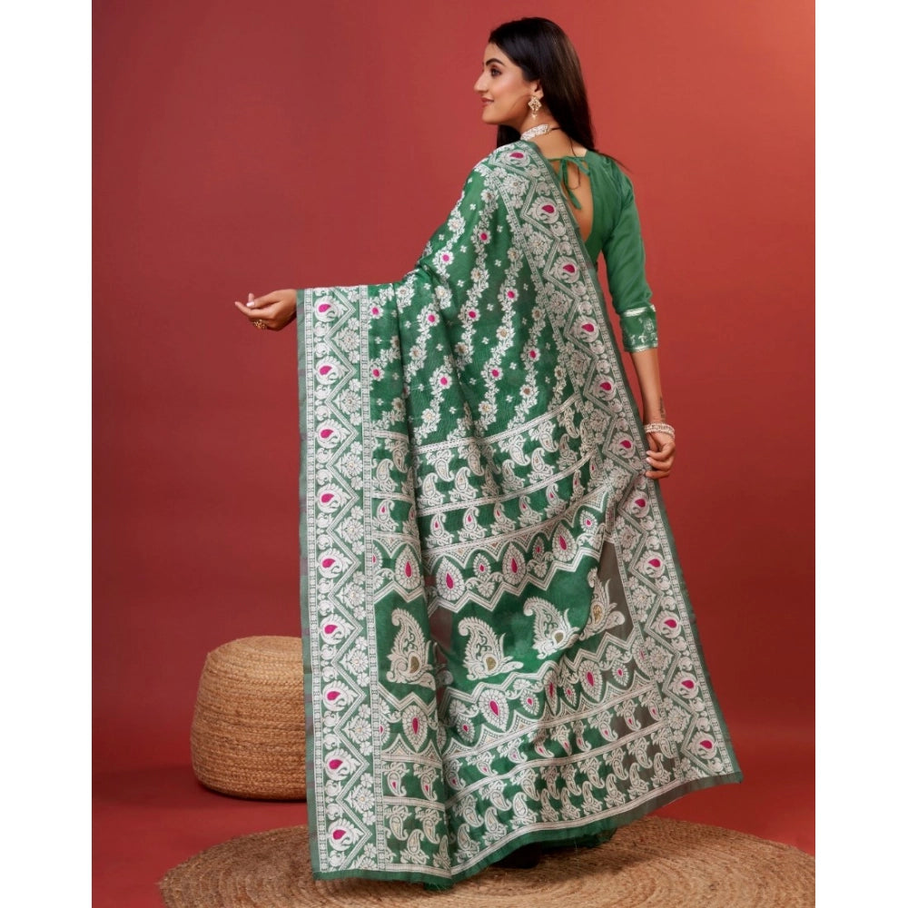 Green cotton silk printed saree with unstitched blouse (5.5Mtr)