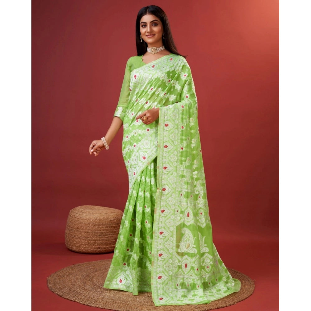 Light green cotton silk printed saree with unstitched blouse, 5.5Mtr