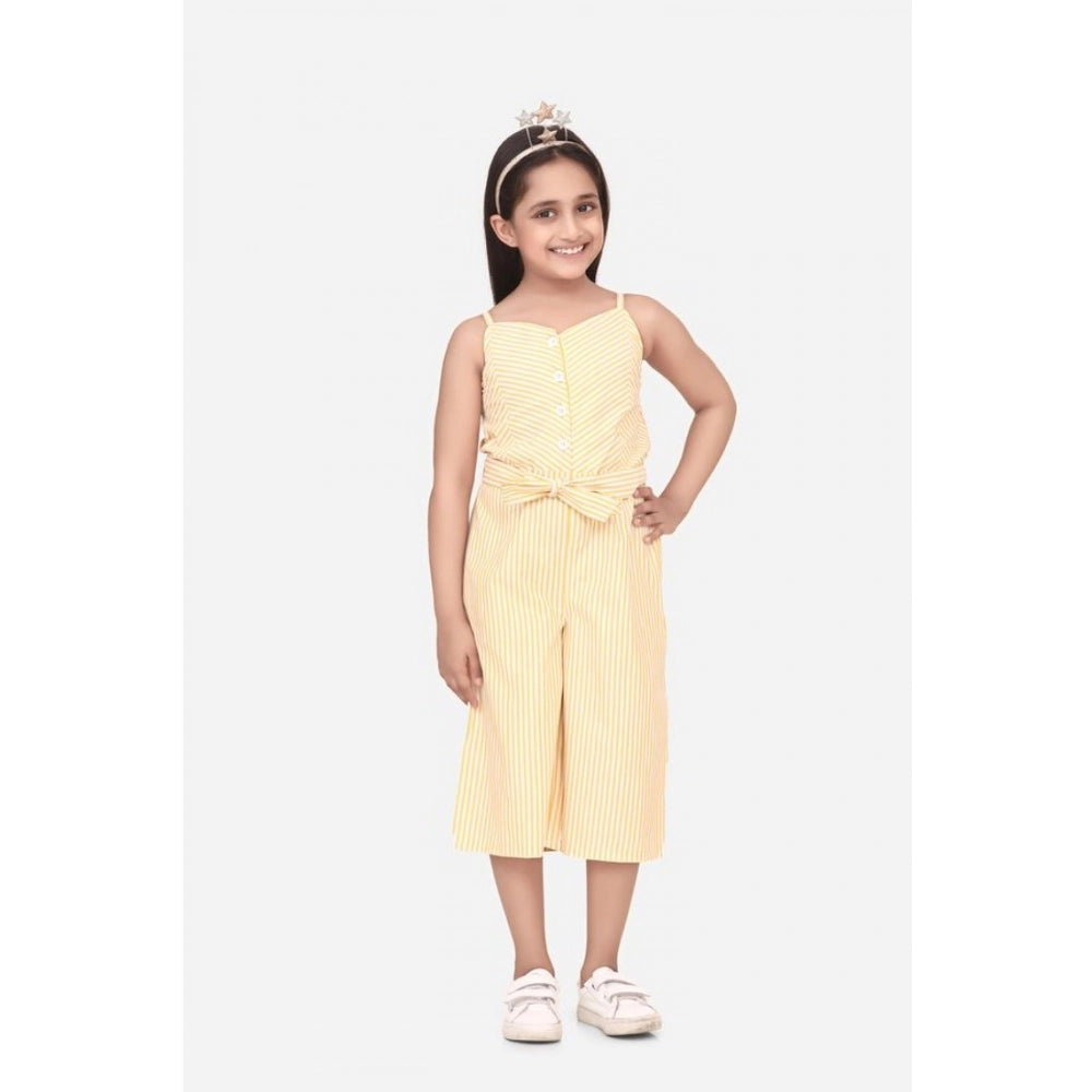 Yellow striped polyester-cotton blend sleeveless round neck dress for girls, knee length