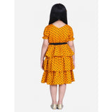 Orange polyester crepe printed puff V-neck dress for girls