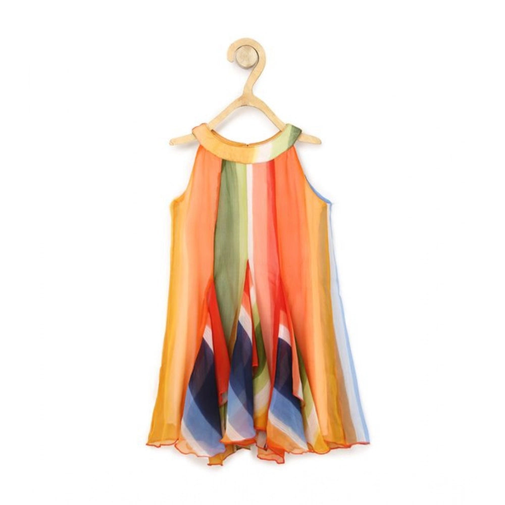 Orange chiffon graphic sleeveless round neck dress for girls, vibrant pattern detail