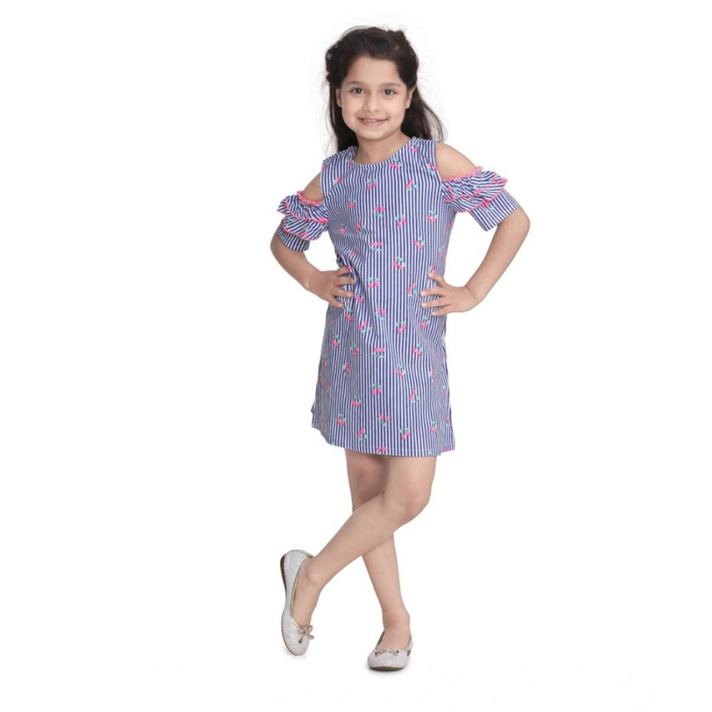 Blue cotton striped cold shoulder round neck dress for girls, above knee length