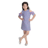 Blue cotton striped cold shoulder round neck dress for girls, above knee length