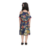 Navy blue satin floral printed cold shoulder round neck dress for girls