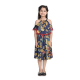 Navy Blue satin floral printed cold shoulder round neck dress for girls