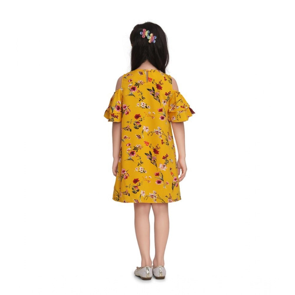 Yellow polyester crepe floral print long sleeve dress for girls, perfect for casual wear