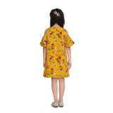 Yellow polyester crepe floral print long sleeve dress for girls, perfect for casual wear