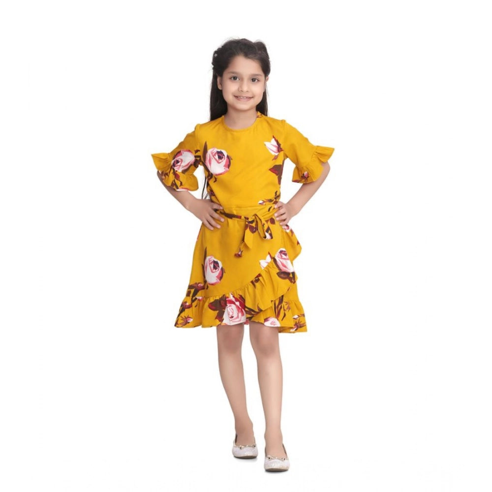 Mustard polyester crepe floral printed cold shoulder round neck dress for girls
