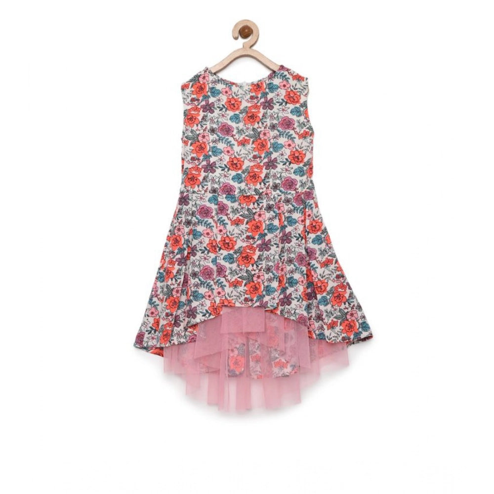 Multicolor polyester crepe printed sleeveless round neck dress for girls, vibrant pattern on knee length dress