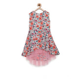Multicolor polyester crepe printed sleeveless round neck dress for girls, vibrant pattern on knee length dress
