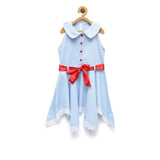 Light Blue denim lace sleeveless shirt collar dress with solid pattern, knee length style for girls' fashion
