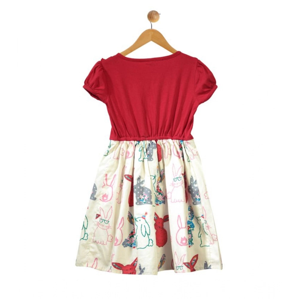 Red-white cotton printed short sleeve round neck dress for girls