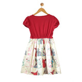Red-white cotton printed short sleeve round neck dress for girls