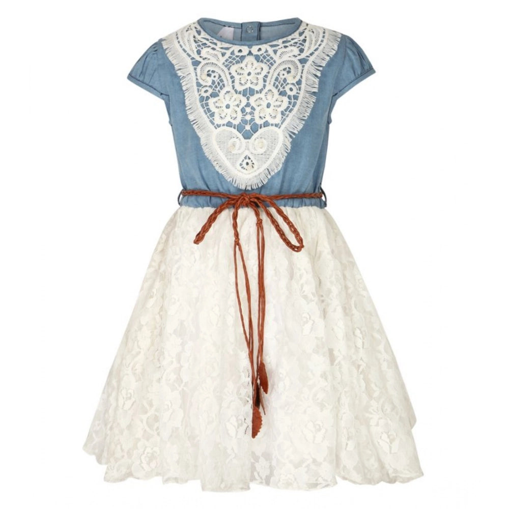 White denim embroidered short-sleeve round neck dress with intricate detailing, suitable for young girls' fashion