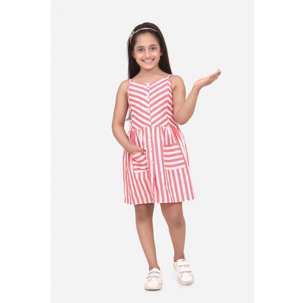 Pink striped polyester cotton blend girl's dress (above knee), sleeveless round neck design