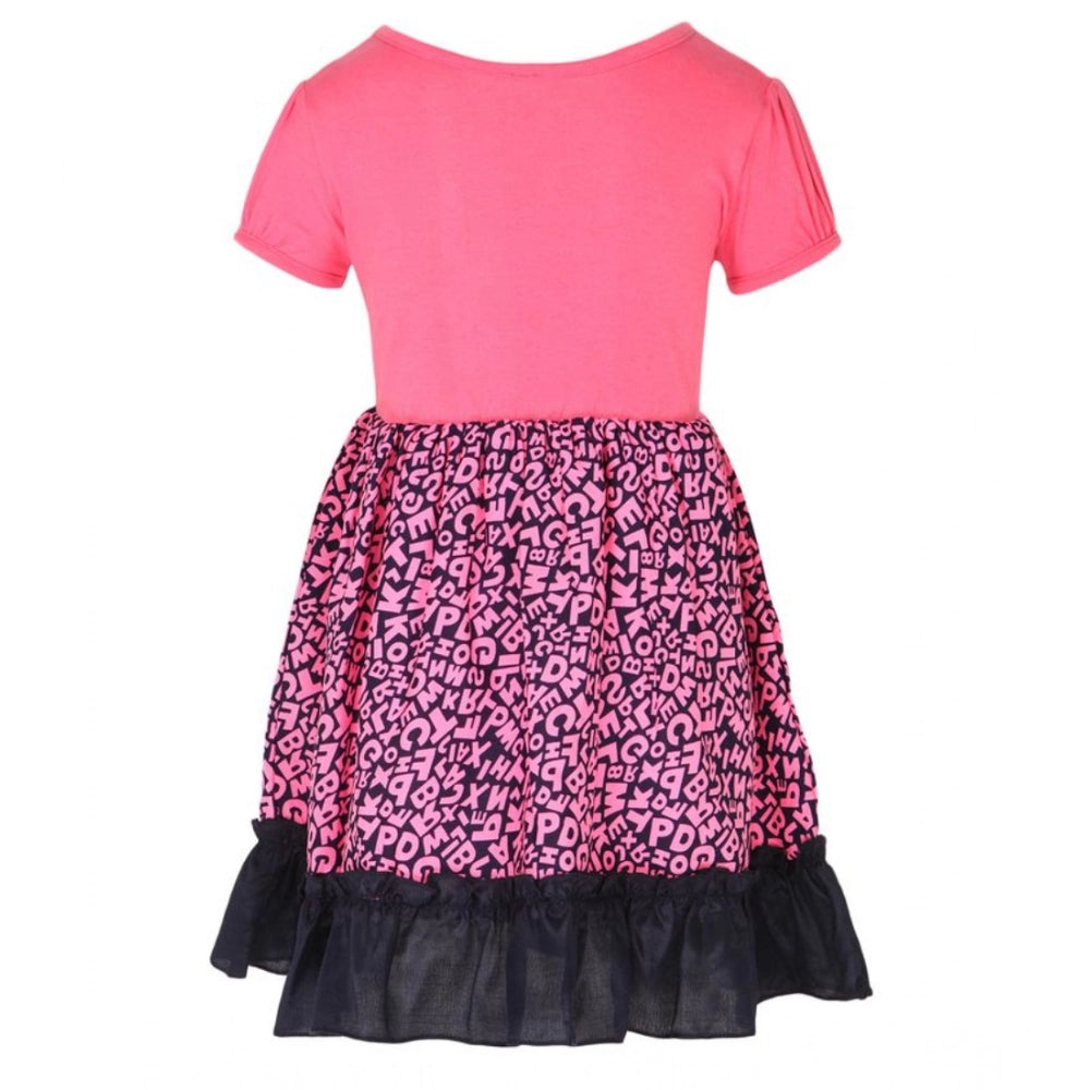 Pink polyester crepe embellished short sleeve round neck dress, perfect for girls' fashion