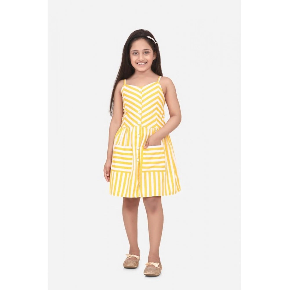 Yellow striped polyester cotton blend sleeveless round neck dress for girls