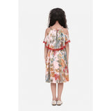 Peach satin floral printed cold shoulder round neck dress for girls, knee length fashion apparel on model