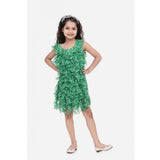 Green chiffon ruffled sleeveless round neck dress for girls, above knee length on model