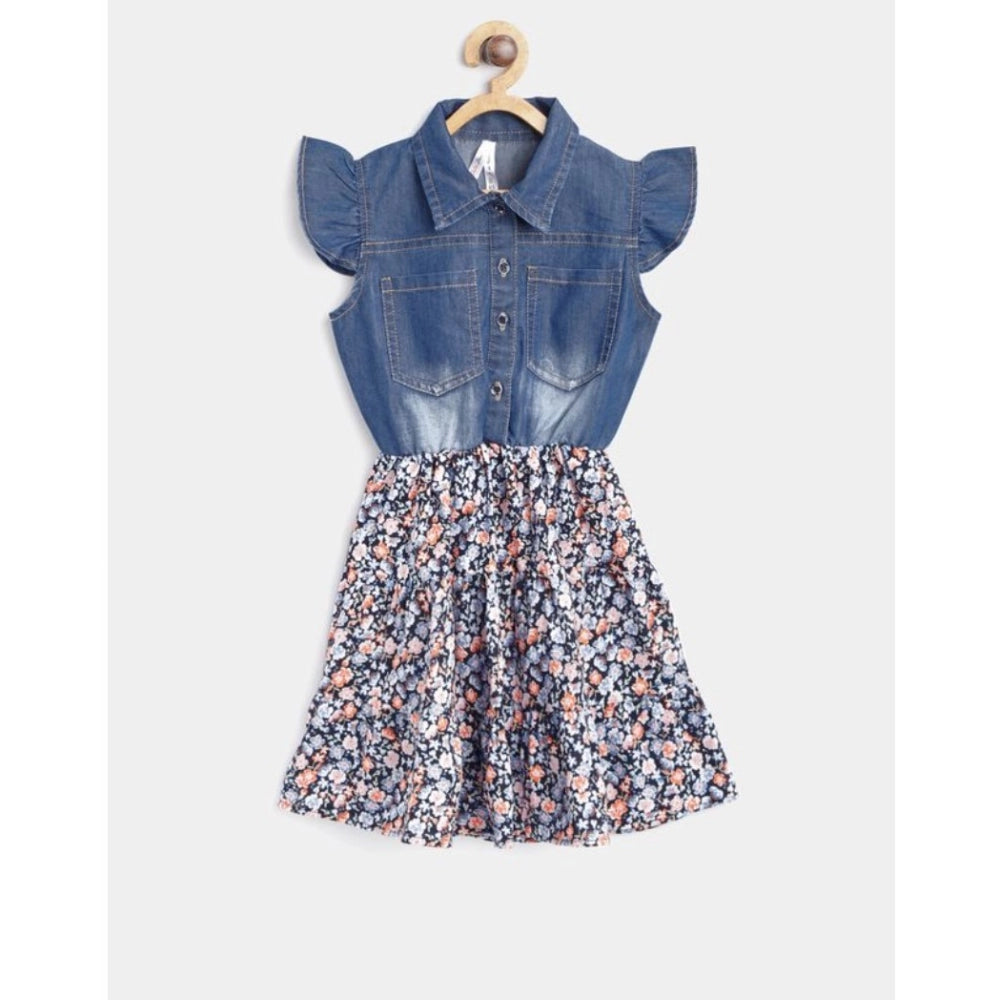 Multicolor denim-cotton striped flutter shirt collar dress for girls on hanger