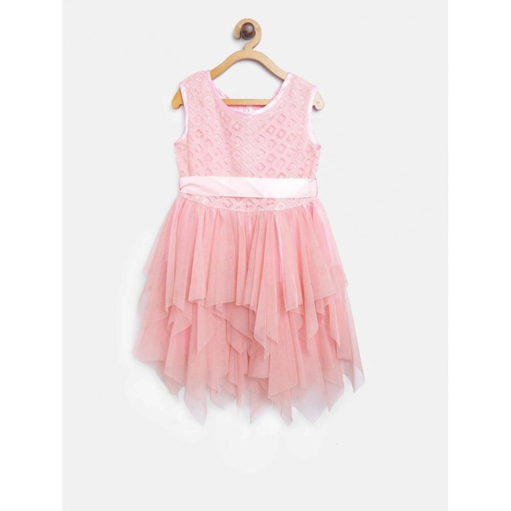 Peach polyester net embroidered sleeveless round neck dress for girls - fashionable knee-length garment with intricate patterns