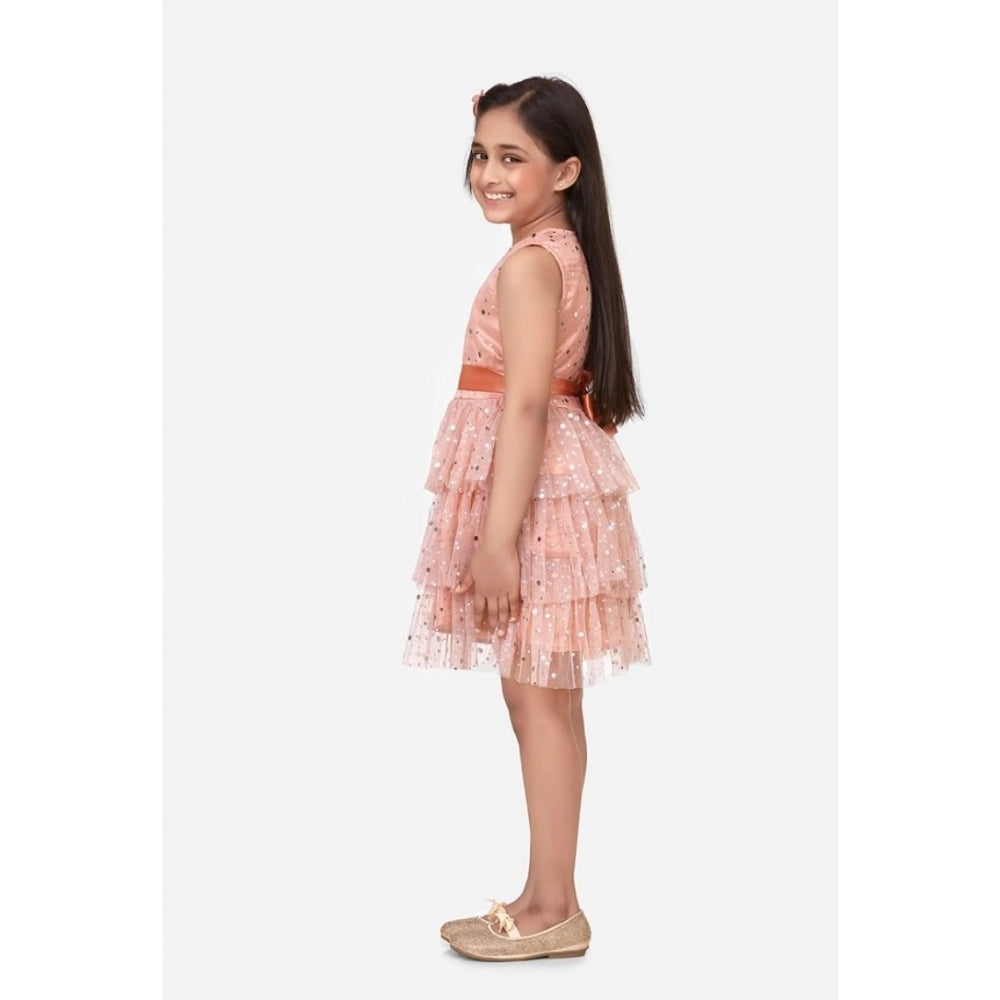 Beige net embellished knee-length girls' dress with sleeveless round neck, intricate design detail